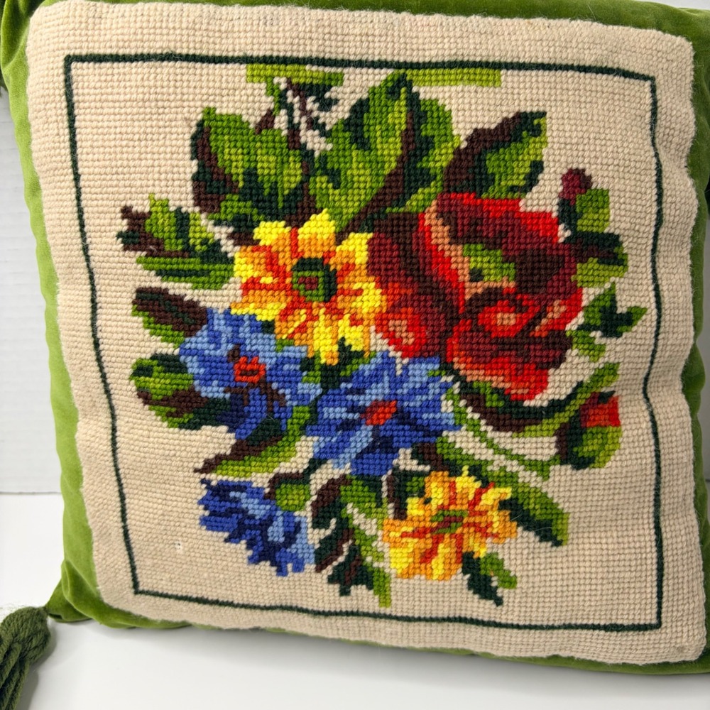 Vtg Floral Needlepoint Pillow Green Velvet Tassels Handmade Boho Cottagecore 70s - Picture 2 of 6